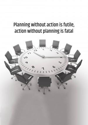Conference table with a clock in the center and empty chairs, illustrating the importance of planning and action.