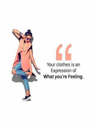 Woman in stylish outfit with a fashion quote