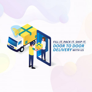 Isometric illustration of a delivery truck emerging from a smartphone screen with a person handing a package to another.