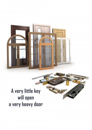Assortment of door frames, windows, and hardware components