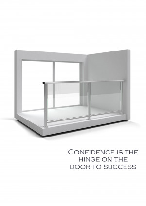 A minimalist white balcony with glass railings and a view of the outdoors.