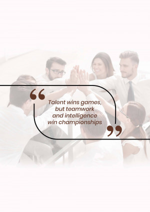 Group of diverse professionals celebrating a team win with a high five, with a motivational quote.