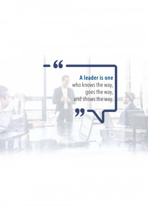 Image of a business meeting with a quote about leadership.