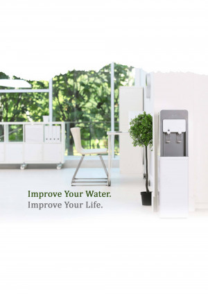 Modern water dispenser in a bright office space