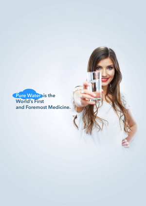 Woman holding a glass of water with text promoting pure water as medicine.