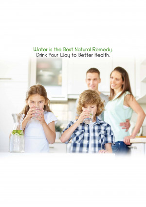 A family in a kitchen with two children drinking water from glasses.