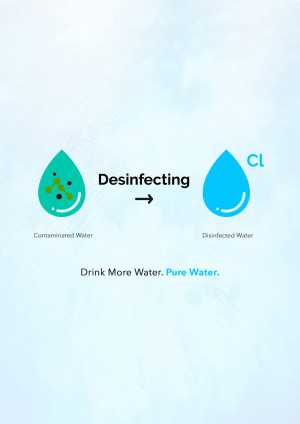 Illustration showing the process of disinfecting contaminated water to produce clean drinking water.