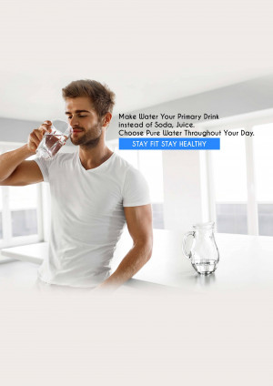 Man drinking water with text promoting water as a primary drink.