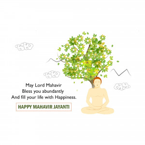 Illustration of a meditating figure under a tree with Mahavir Jayanti greetings.