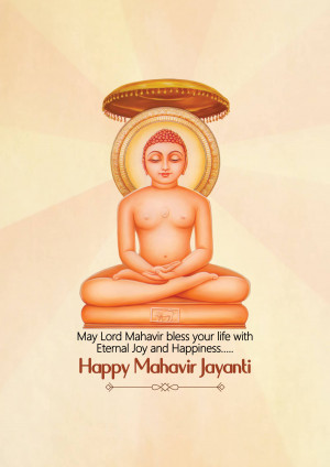 Image of Lord Mahavir in a meditative pose with text 'Happy Mahavir Jayanti'