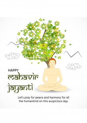 Illustration of a meditating figure under a tree with the text 'Happy Mahavir Jayanti'