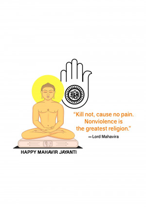 Illustration of Lord Mahavira with a hand symbol and a quote about non-violence.
