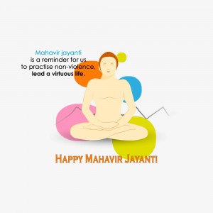 Illustration depicting a man in a meditative pose with text celebrating Mahavir Jayanti.