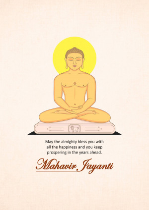 Illustration of Lord Mahavira in a meditative pose with Mahavir Jayanti text