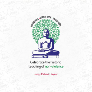 Image depicting Lord Mahavira in a meditative pose with text celebrating Mahavir Jayanti.