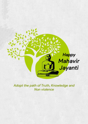 Image depicting Lord Mahavira with a tree and text wishing Happy Mahavir Jayanti