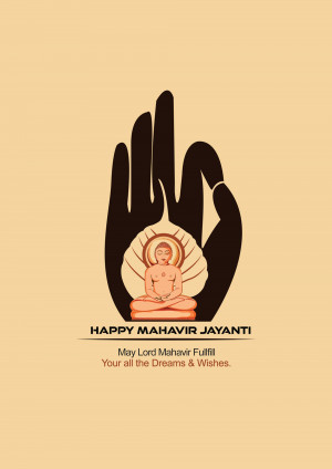 Illustration of Lord Mahavir in a meditative pose within a hand, with text 'Happy Mahavir Jayanti'