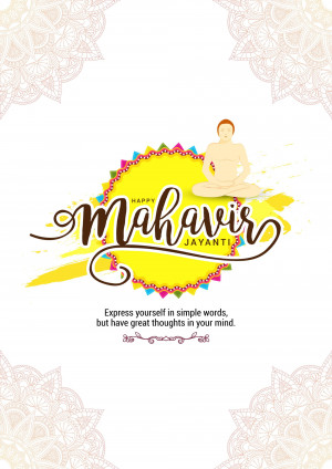 Mahavir Jayanti celebration card with Lord Mahavira in meditation pose