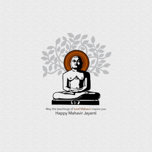 Illustration of Lord Mahavir in a meditative pose with a floral background and text wishing Happy Mahavir Jayanti.