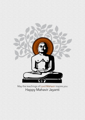 Image of Lord Mahavir in a meditative pose with floral decorations and a Mahavir Jayanti greeting.