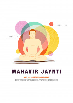 Illustration of a man in lotus position with colorful circles and text 'Mahavir Jayanti'