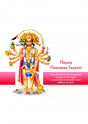 Image of Lord Hanuman with multiple arms and a devotional message for Hanuman Jayanti