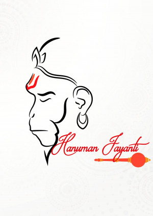 Line art illustration of Hanuman's face with 'Hanuman Jayanti' text and gada.