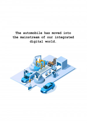 Isometric illustration of a car assembly line with digital integration.