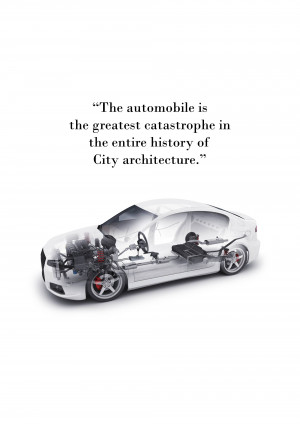 Cutaway view of a silver car with a quote about the impact of automobiles on city architecture.