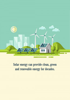 Illustration of solar panels, wind turbines, and a city skyline representing renewable energy sources.
