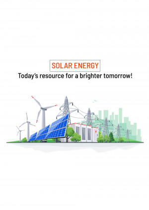 Illustration of solar panels, wind turbines, and power lines with a city skyline in the background.