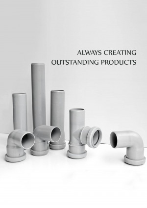 Assortment of gray PVC pipe fittings including elbows, tees, and straight connectors.