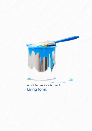 A paint can with blue paint dripping down the side, with paintbrushes inside.