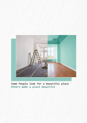 Room undergoing renovation with half painted teal and half unpainted, featuring a ladder and wooden floor.