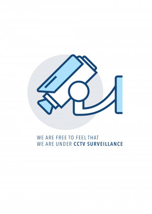 Line art icon of a CCTV camera with text 'We are free to feel that we are under CCTV surveillance'