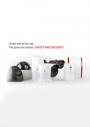 A modern home security system with cameras and motion sensors.