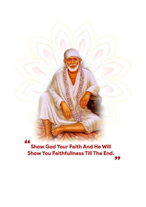 Portrait of Sai Baba with a lotus flower background and inspirational quote.