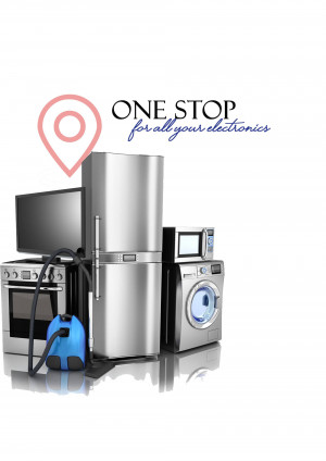 A stack of various home appliances including a refrigerator, TV, oven, washing machine, microwave, and vacuum cleaner with a 'One Stop' logo.