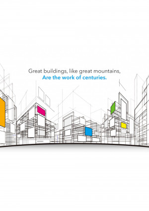 Blueprint-style cityscape with colorful blocks