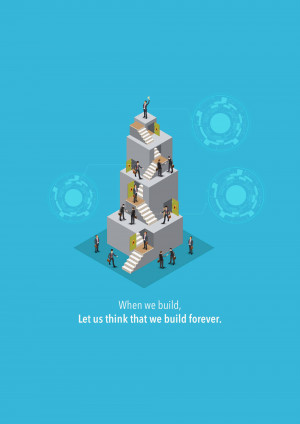 Isometric illustration of people climbing a building representing business growth and teamwork.
