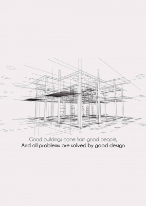 Line drawing of a building blueprint with inspirational quote