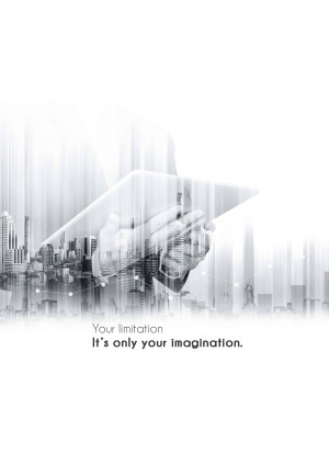 Hand interacting with a digital tablet displaying a cityscape, representing future technology and limitless possibilities.