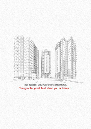Line drawing of modern buildings with a motivational quote at the bottom.