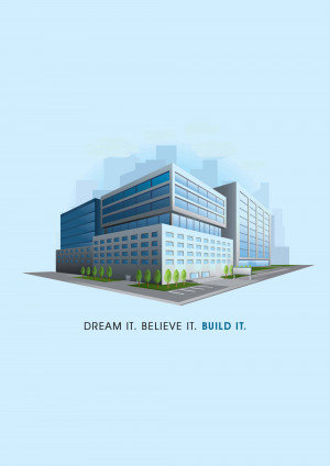 Vector illustration of a modern office building with a light blue sky background and motivational text.