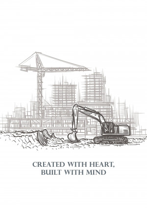 Line drawing of a construction site with an excavator and building under construction