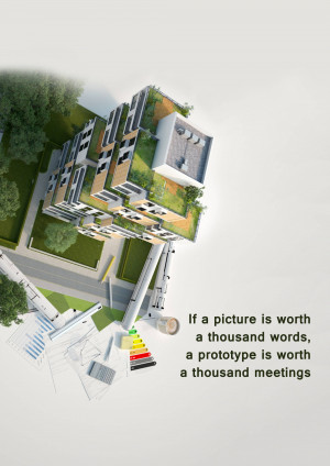 Overhead view of a modern building design with architectural plans and a quote about the value of images.