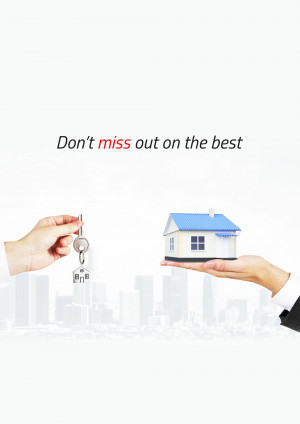 Hands exchanging keys in front of a miniature house and city skyline