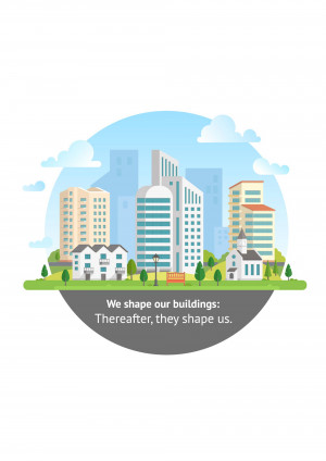 Flat vector illustration of a city skyline with buildings and green landscape, featuring a quote about architecture.