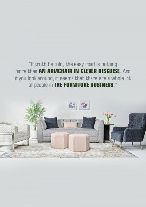 A stylish living room scene with a sofa, armchairs, and a quote on the wall.