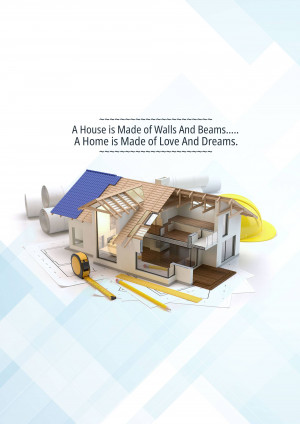 Conceptual image of a house under construction with blueprints and tools